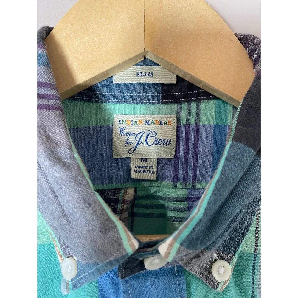J.Crew Indian Madras Slim Fit Button Up Shirt Blue Green Plaid Shirt Mens MEDIUM